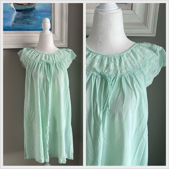 Vintage Mint Green Lace Short Flutter Sleeve Nightgown - Picture 1 of 12